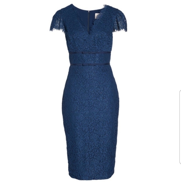 Gal Meets Glam Dresses & Skirts - Gal Meets Glam Collection Navy Blue Lace Midi Sheath Dress